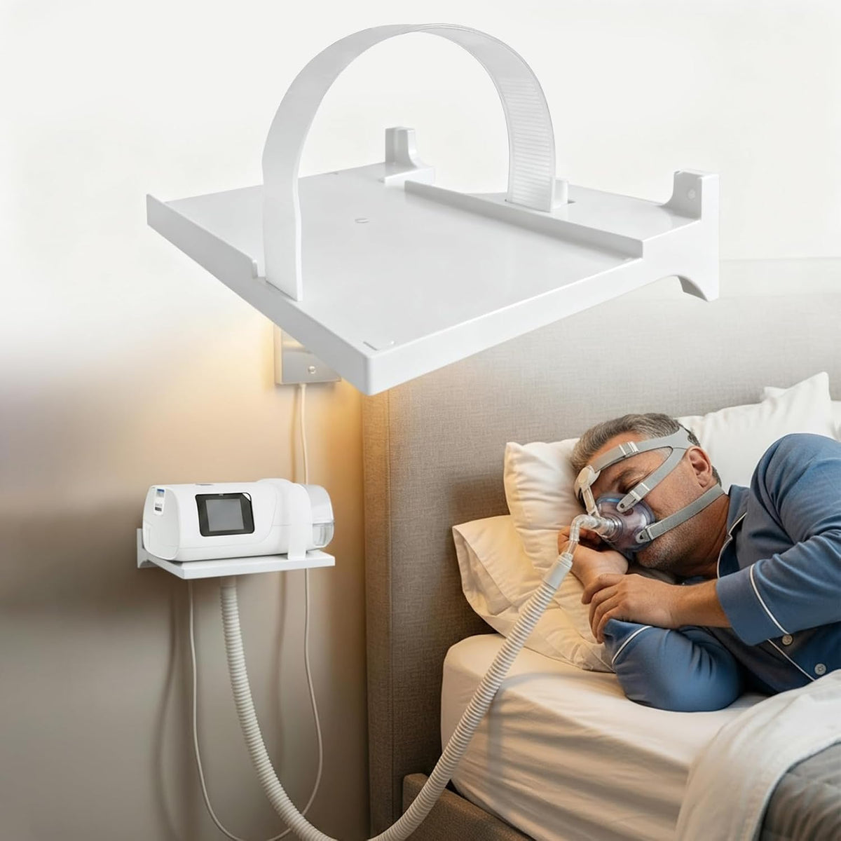 Wall-Mounted CPAP Organizer Shelf – Machine Storage Rack & Hose Holder with 90 Degree Elbow, Mask Hook, Prevents Hose Tangling, Improves Airflow, Space-Saving Bedside Organizer