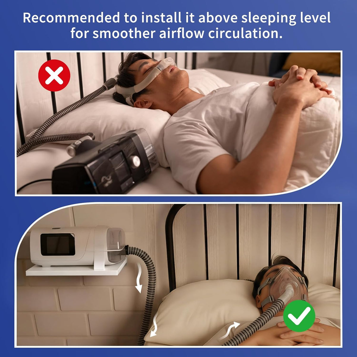 Wall-Mounted CPAP Organizer Shelf – Machine Storage Rack & Hose Holder with 90 Degree Elbow, Mask Hook, Prevents Hose Tangling, Improves Airflow, Space-Saving Bedside Organizer