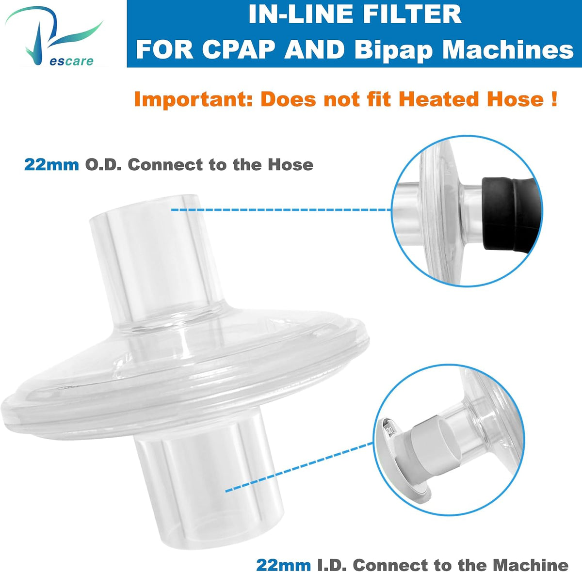 CPAP Inline Filter-10 Pcs Universal CPAP Filters for Res-Med&Dream-Station CPAP and BiPAP Machines Compatible with Standard 22mm Cpap Tube, Low Loss Airflow Designed